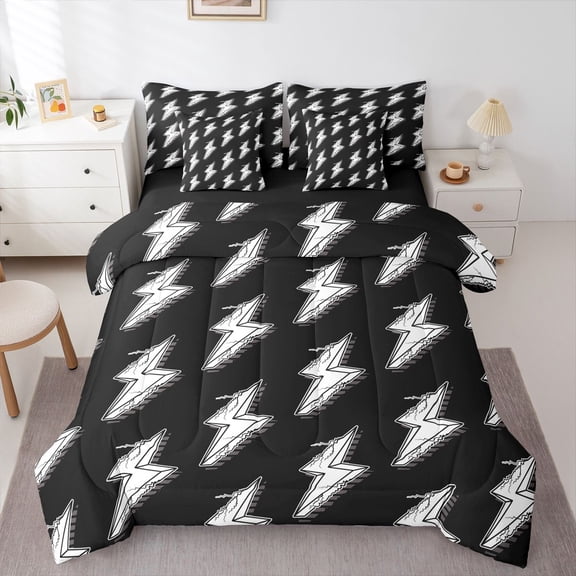 Manfei Cartoon Lightning Boys Twin Bedding Sets 7-Piece, Black White Bedding Comforter Set, Stripes Geometric Reversible Sheet Sets, Super Cozy Room Decor