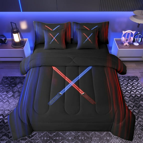 Manfei Cartoon Lightsaber Theme 7-Piece Bedding Comforter Set,Fashion Games King Bedding Sets,Black Blue Red Bed Sheets For Teens,Luxury Bedroom Decor Reversible