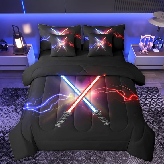 Manfei Cartoon Gradient Light Theme 7-Piece Bedding Comforter Set,Fashion Games King Bedding Sets,Red Purple Lightning Bed Sheets For Teens,Luxury Bedroom Decor Reversible