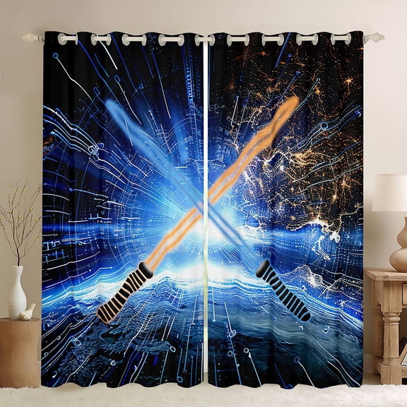 Manfei Cartoon Lightsaber Theme Blackout Curtains Set of 2 (52x84 Each),Fashion Games Window Curtains,Galaxy Planet Curtains and Drapes For Teens,Luxury Bedroom Decor