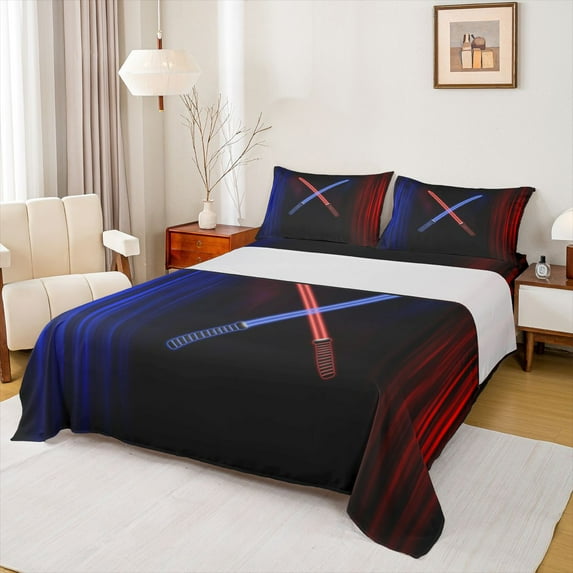 Manfei Cartoon Gradient Light Theme Full Size Sheets,Fashion Games Bed Sheets,Black Blue Red Sheet Sets For Teens,Luxury Bedroom Decor,4pcs