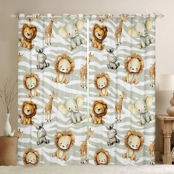 Manfei Cartoon Lion Elephant Black Out Curtains, Giraffe Zebra Wildlife Curtains Pack of 2 (42x63 Each), Stripes Geometric Bedroom Curtains, Curtains and Drapes Bedroom Decor