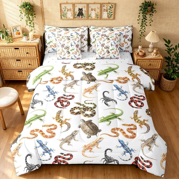Manfei Cartoon Lizard Snake Twin Bedding, Tropical Animal Bedding Comforter Set, White Tan, Reversible, 7 Pieces