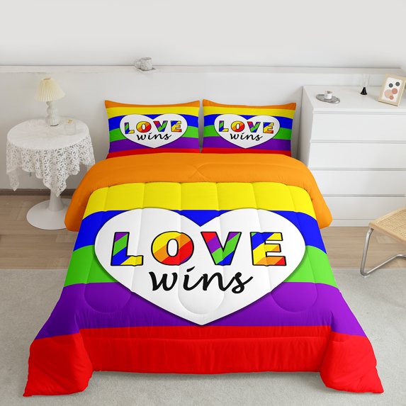 Manfei Cartoon Love Heart Bedding Comforter Set for Teen, Colorful Rainbow Twin Comforter Sets, Stripes Geometric Bedding Set, Microfiber Bedroom Decor, 2 Pieces
