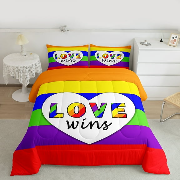 Manfei Cartoon Love Heart Bedding Comforter Set for Teen, Colorful Rainbow Twin Comforter Sets, Stripes Geometric Bedding Set, Microfiber Bedroom Decor, 2 Pieces