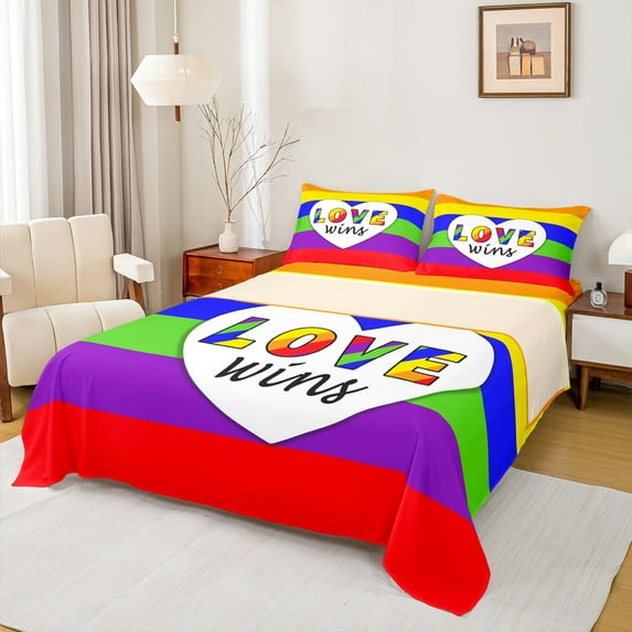 Manfei Cartoon Love Heart Twin Sheet Sets for Teen, Colorful Rainbow Twin Fitted Sheet, Stripes Geometric Flat Sheet, Microfiber Bedroom Decor, 3 Pieces