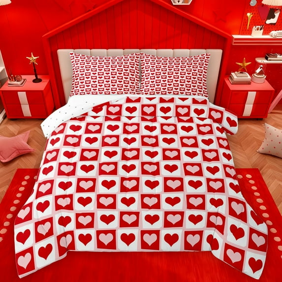 Manfei Cartoon Loves Bedding Comforter Set,Geometric Plaid Grid Twin Comforter Sets,Red White Bedding Set For Girls Kids,Ultra Soft Home Decor Reversible,2pcs