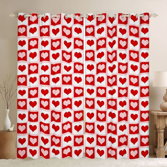 Manfei Cartoon Loves Black Out Curtains,Geometric Plaid Grid Curtains Pack of 2 (42x63 Each),Red White Bedroom Curtains For Girls Kids,Ultra Soft Home Decor