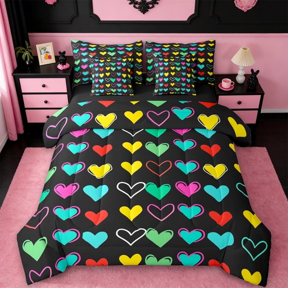 Manfei Cartoon Loves Pattern 7-Piece Bedding Comforter Set,Fairy Tale Theme King Bedding Sets,Romantic Heart Print Bed Sheets For Princess,Super Cozy Room Decor Reversible
