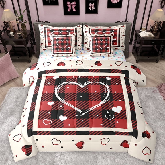 Manfei Cartoon Loves Pattern 7-Piece Bedding Comforter Set,Modern Geometric Checkered King Bedding Sets,Red Black Beige Bed Sheets For Girls Boys,Luxury Bedroom Decor Reversible