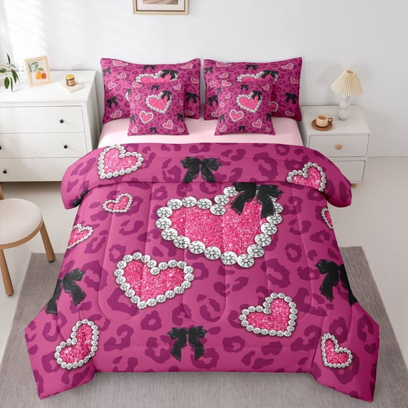 Manfei Cartoon Loves Pattern 7-Piece King Bedding,Pink Leopard Print King Bed in a Bag,Pink Reversible