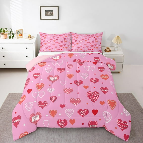 Manfei Cartoon Loves Pattern Bedding Comforter Set,Girl Heart Print Twin Comforter Sets,Dreamy Pink Bedding Set For Kids,Microfiber Bedroom Decor Reversible,2 Pieces
