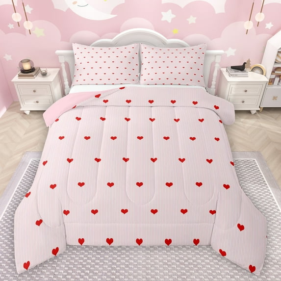Manfei Cartoon Loves Pattern Bedding Comforter Set,Modern Geometric Stripe Twin Comforter Sets,Pink Red Bedding Set For Girls Boys,Luxury Bedroom Decor Reversible,2-Piece