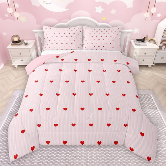 Manfei Cartoon Loves Pattern Queen Comforter Set,Modern Geometric Stripe Bedding Sets,Pink Red Bedding Comforter Set For Girls Boys,Luxury Bedroom Decor Reversible,3pcs