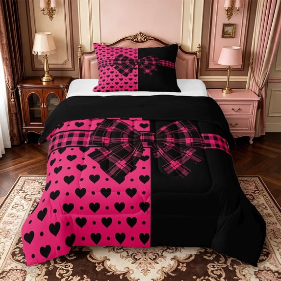 Manfei Cartoon Loves Pattern Twin Comforter Sets,3D Cartoon Bowknot Print Bedding Set,Black Reversible,2 Pieces,1 Comforter and 1 Pillowcase