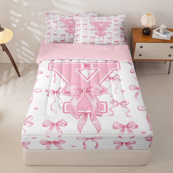 Manfei Cartoon Loves Print Zipper Twin Comforter Sets with Fitted Sheet and 2 Pillowcases For Kids,Letter Y Initial Monogrammed Zipper Bedding Set For Bowtie Girls,Pink Reversible,4 Pieces