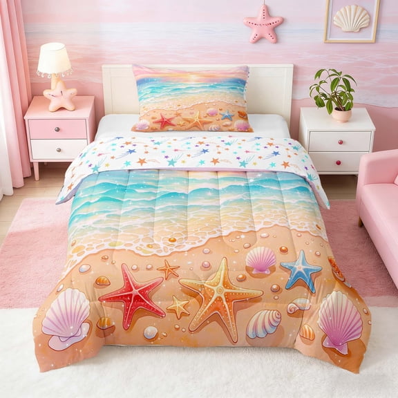 Manfei Cartoon Magical Beach Seashell Starfish Sunset Twin Comforter Sets for Kids Girls, Coastal Ocean Print Bedding Set, Stars Reversible 2 Pieces, 1 Comforter and 1 Pillowcase