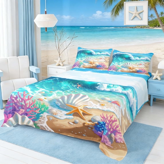 Manfei Cartoon Magical Beach Wave Seashell Starfish Full Size Sheets for Kids Boys and Girls, Coastal Ocean Print Bed Sheets 4-Piece, 1 Flat Sheet, 1 Fitted Sheet and 2 Pillowcases