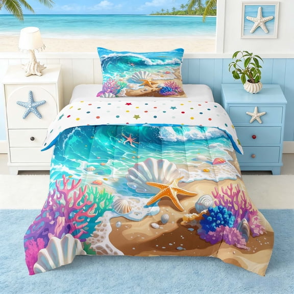 Manfei Cartoon Magical Beach Wave Seashell Starfish Twin Comforter Sets for Kids Boys and Girls, Coastal Ocean Print Bedding Set, Polka Dots Reversible 2-Piece, 1 Comforter and 1 Pillowcase