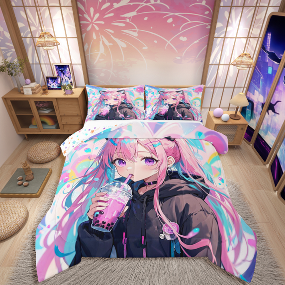 Manfei Cartoon Manga 2pcs Bedding Comforter Set,Japanese Style Twin Comforter Sets,Anime Girl Bedding Set,Microfiber Teenager Bedroom Decor,Reversible