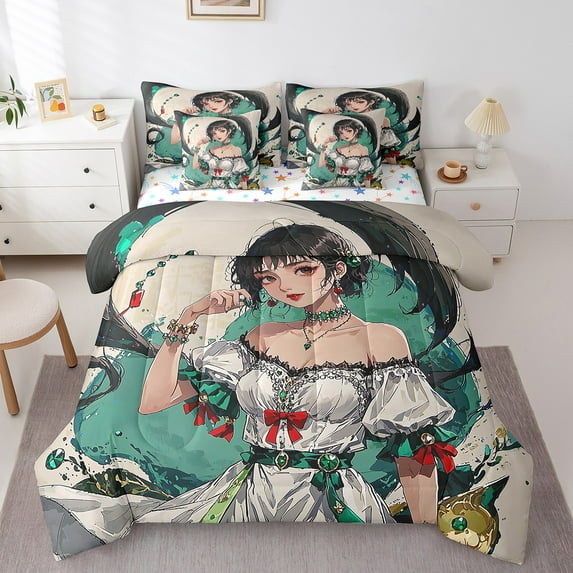 Manfei Cartoon Manga 7-Piece Twin Bedding Sets,Anime Girl Bedding Comforter Set,Japanese Animation Breathable Sheet Sets,Lightweight Oriental Room Decor,Reversible