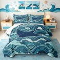 thumbnail image 1 of Manfei Cartoon Manta Ray Quilt King, Anime Ocean Wave King Coverlet Set, Teal Blue, 3pcs, 1 Bedspread and 2 Pillowcases, 1 of 7