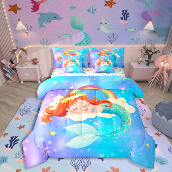 Manfei Cartoon Mermaid 7 Pieces Bedding Comforter Set,Starry Sky Full Bedding Set Lightweight,Kawaii Rainbow Fitted Sheet Flat Sheet,Super Cozy Ocean Room Decor,Reversible