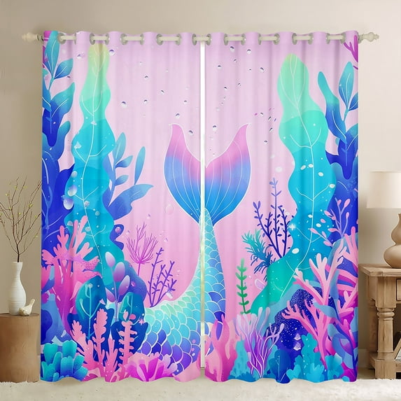 Manfei Cartoon Mermaid Girl Curtains Pack of 2 (42x84 Each),Ocean Princess Curtains Blackout,Kawaii Sea Animal Bedroom Curtains,Ultra Soft Home Decor