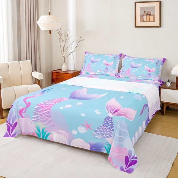 Manfei Cartoon Mermaid Girl Full Size Sheets 4-Piece,Ocean Princess Breathable Bed Sheets,Kawaii Sea Animal Lightweight Sheet Sets,Ultra Soft Home Decor