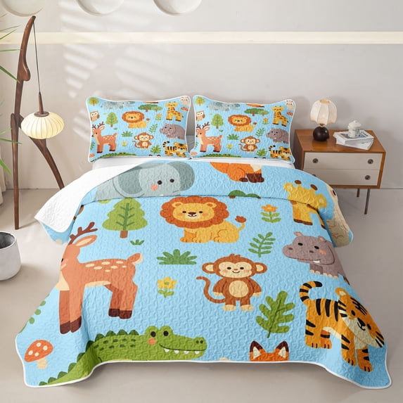 Manfei Cartoon Monkey Pattern Twin Quilt Set,Kawaii Rabbit Twin Coverlet Set,Blue,2-Piece