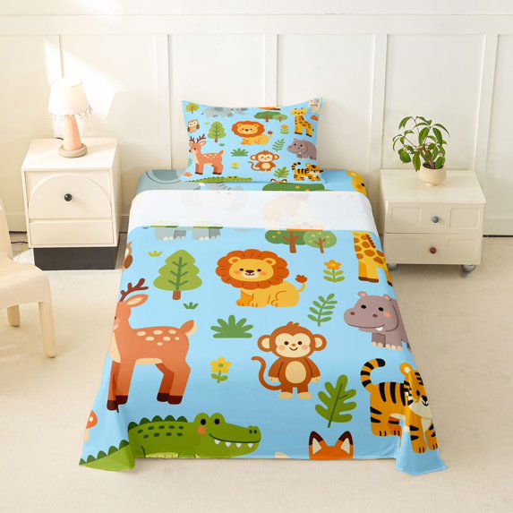 Manfei Cartoon Monkey Pattern Twin Sheets,Kawaii Rabbit Bedding,Blue,3pcs,1 Fitted Sheet and 1 Pillowcase