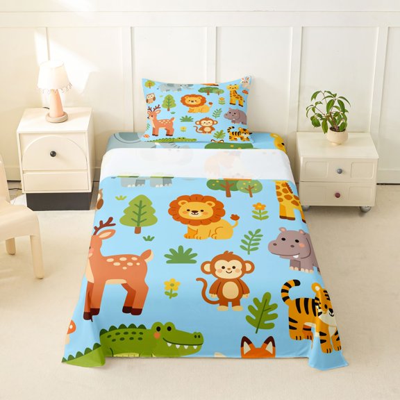Manfei Cartoon Monkey Pattern Twin Sheets,Kawaii Rabbit Bedding,Blue,3pcs,1 Fitted Sheet and 1 Pillowcase
