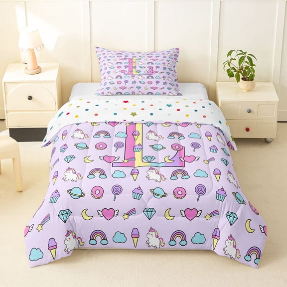 Manfei Cartoon Monogram L Pattern Twin Comforter Sets,Cute Unicorn Bedding Set,Purple,Polkadot Reversible,2pcs,1 Comforter and 1 Pillowcase