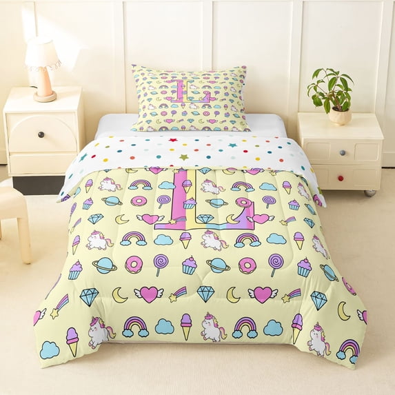 Manfei Cartoon Monogram L Pattern Twin Comforter Sets,Cute Unicorn Bedding Set,Yellow,Polkadot Reversible,2 Pieces,1 Comforter and 1 Pillowcase