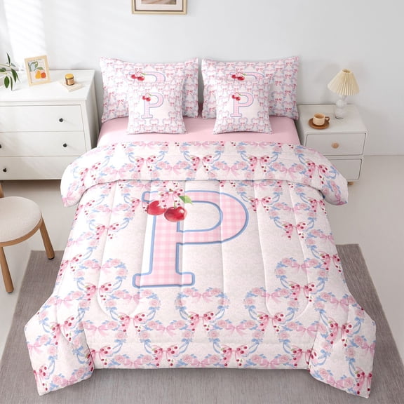 Manfei Cartoon Monogram P 7-Piece Twin Bedding,Kawaii Cherry Bowtie Bedding Comforter Set,Pink,Pink Reversible