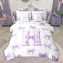 Homewish Cartoon Monogrammed H Twin Bedding Sets 7-Piece for Teens, Kawaii Princess Bow-tie Bedding Comforter Set, Purple Letter Reversible Sheet Sets, Breathable Home Decor