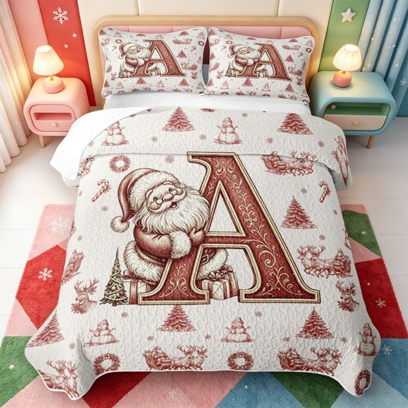 Manfei Cartoon Monogrammed Print A Quilt Full,Happy Christmas Full Bedspread Sets,3 Pieces,1 Coverlet and 2 Pillowcases