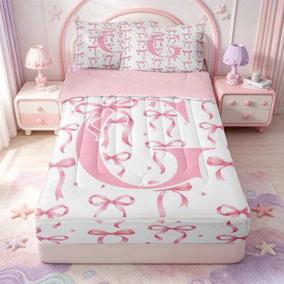 Manfei Cartoon Monogrammed Print G Zipper Full Size Comforter Sets with Fitted Sheet and 2 Pillowcases,Pink Girly Bow Zipper Bedding Set,Pink Reversible,4 Pieces