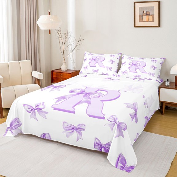Homewish Purple Monogrammed R King Sheet Set, Kawaii Princess Bow-tie Kids Bedding, 4pcs