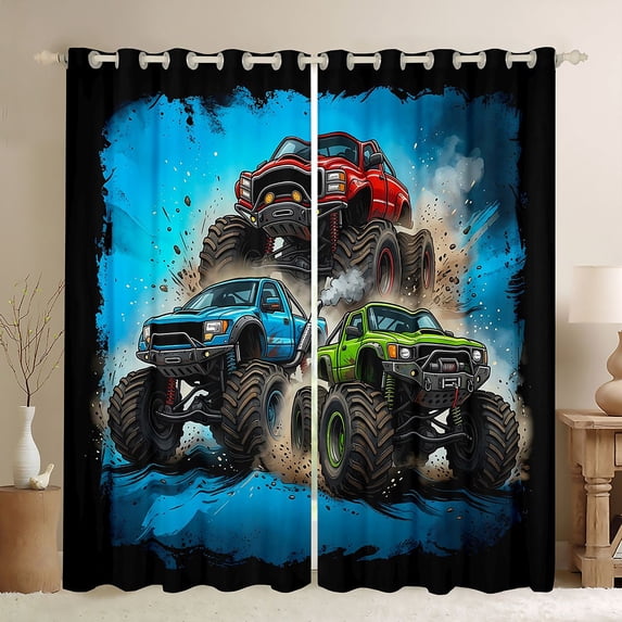 Manfei Cartoon Monster Truck Kitchen Curtains,Extreme Games Black Out Curtains Pack of 2 (42x63 Each),Blue