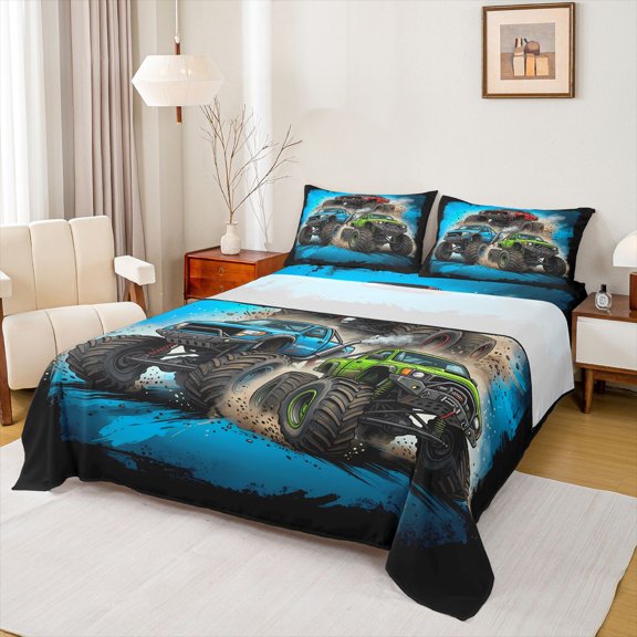 Manfei Cartoon Monster Truck Queen Sheets,Extreme Games Queen Sheet Sets,Blue,4pcs,1 Flat Sheet, 1 Fitted Sheet and 2 Pillowcases