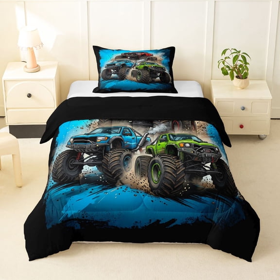 Manfei Cartoon Monster Truck Twin Comforter Sets,Extreme Games Bedding Set,Blue,Black Reversible,2-Piece,1 Comforter and 1 Pillowcase