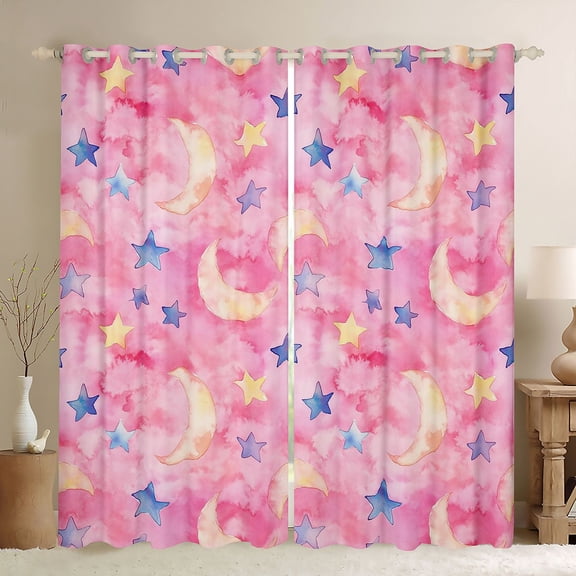 Manfei Cartoon Moon Stars Black Out Curtains for Female Men Teens,Gradient Watercolor Curtains Pack of 2 (42x63 Each),Ombre Pink Bedroom Curtains,Super Cozy Room Decor