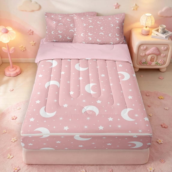 Manfei Cartoon Moon Stars Zipper Full Size Comforter Sets with Fitted Sheet and 2 Pillowcases,Cute Space Theme Zipper Bedding Set,Pink White,Pink Reversible,4pcs