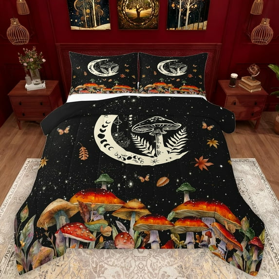 Manfei Cartoon Mushroom Bedding Comforter Set,Rustic Fungus Plant Twin Comforter Sets,bohemian Exotic Style Bedding Set For Girls Teens,Microfiber Bedroom Decor Reversible,2-Piece