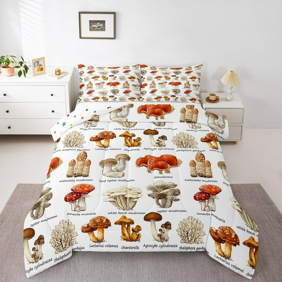 Manfei Cartoon Mushroom Print Bedding Comforter Set, Jungle Plant Botanical Twin Comforter Sets, Teen Boy Girl Kid Reversible Bedding Set, Ultra Soft Home Decor, 2pcs