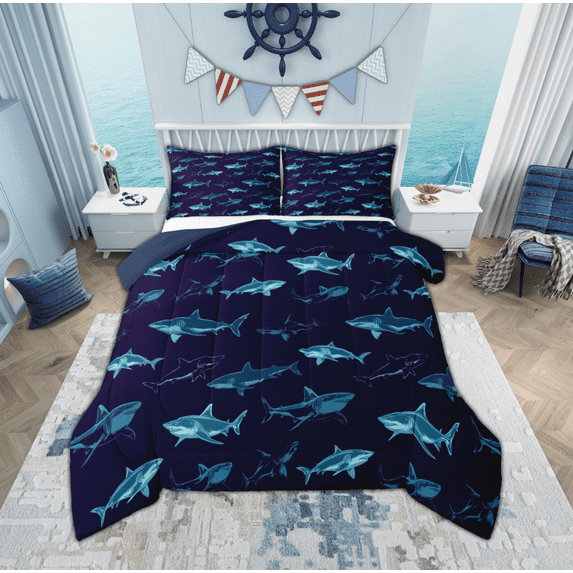 Manfei Cartoon Navy Shark Bedding Comforter Set, Kawaii Ocean Sealife Twin Comforter Sets, Teens Boys Girls Kids Reversible Bedding Set, Ultra Soft Home Decor, 2pcs