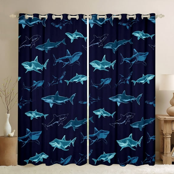 Manfei Cartoon Navy Shark Black Out Curtains, Kawaii Ocean Sealife Curtains Pack of 2 (42x63 Each), Teens Boys Girls Kids Bedroom Curtains, Living Room Curtains Decor