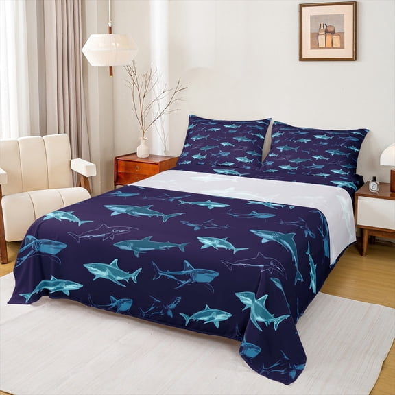 Manfei Cartoon Navy Shark Full Size Sheets, Kawaii Ocean Sealife Bed Sheets, Teens Boys Girls Kids Sheet Sets, Ultra Soft Home Decor, 4pcs