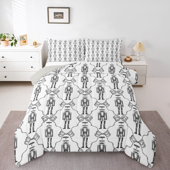 Manfei Cartoon Nutcracker Soldier Bedding Comforter Set,Cute Bow Tie Twin Comforter Sets,Sliver White Bedding Set For Girls,,Microfiber Bedroom Decor Reversible,2pcs